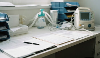 Healthcare workspace with organized documents and medical equipment on a desk